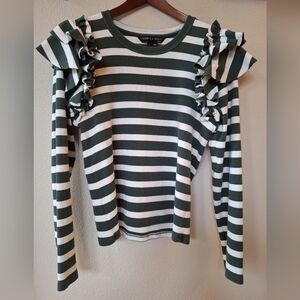 Veronica Beard Womens Striped Ruffle Sleeve Washed Green/White Top Size L